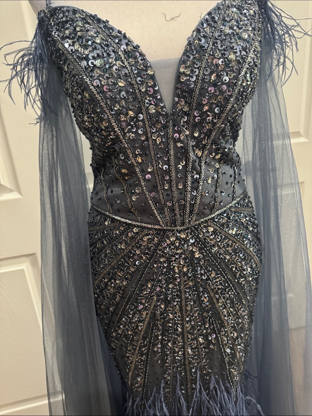 Embellished Navy Evening Gown with Feather Trim - Picture 2 of 7
